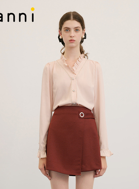 tanni通勤立领优质纯色百搭法式气质V型衬衫TM31SH013A