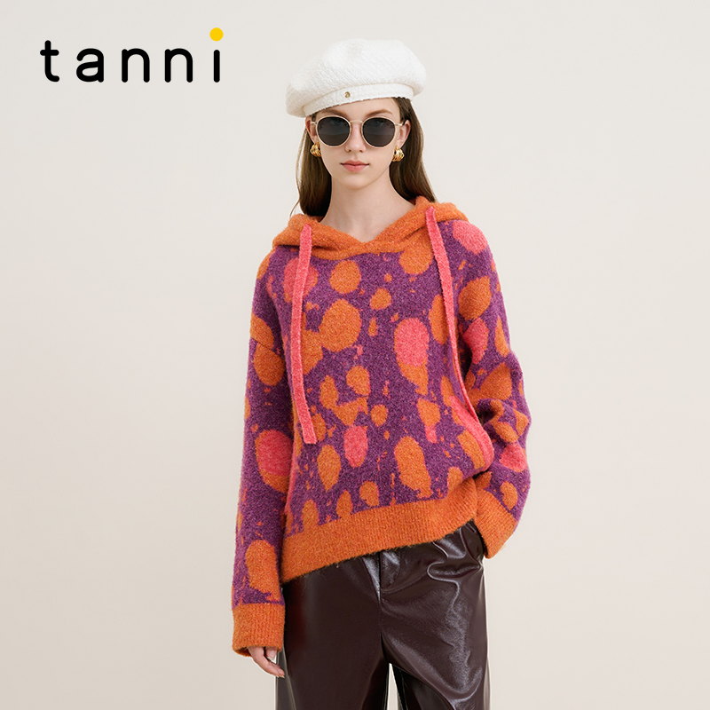 tanni法式休闲连帽套头针织衫女