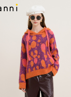 tanni25秋款宽松个性法式撞色休闲连帽套头针织衫女装TM31KN008A