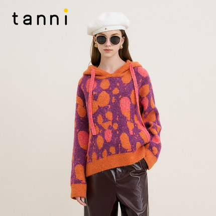 tanni25秋款宽松个性法式撞色休闲连帽套头针织衫女装TM31KN008A