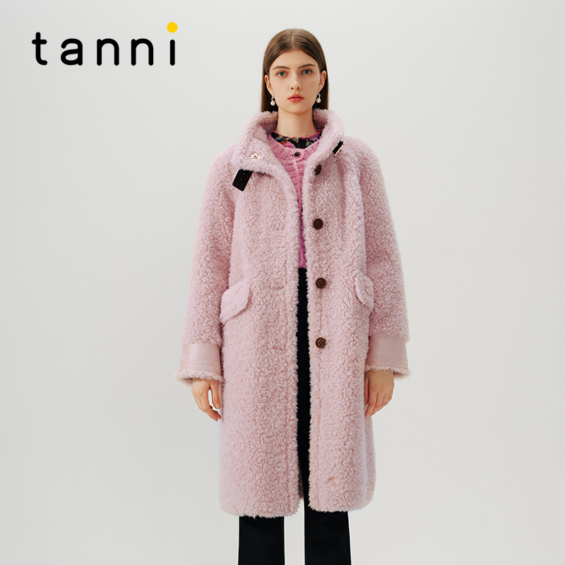 tanni藕粉色长款绵羊毛大衣外套