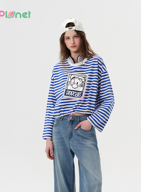 innplanet新款大力水手联名印花条纹抽绳短款T恤上衣PO11TS815A