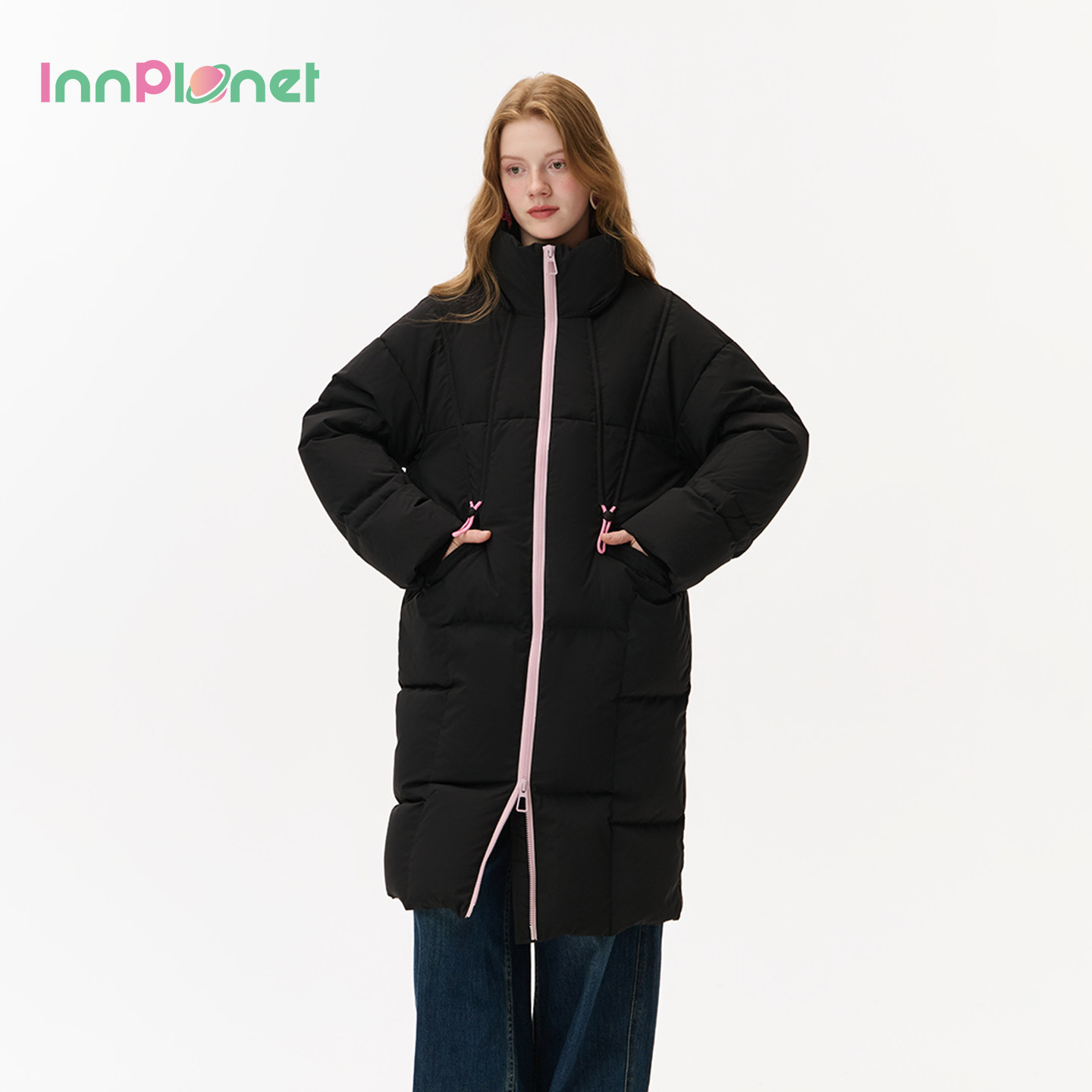 InnPlanet25秋冬新款黑色立领宽松保暖中长款羽绒服PO31DJ043A