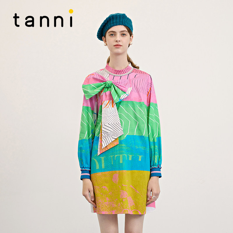 tanni新款休闲感个性印花蝴蝶结中长款连衣裙TM31DR015A,女装/女士精品,连衣裙,淘宝优惠券,粉丝福利购,淘宝优惠卷