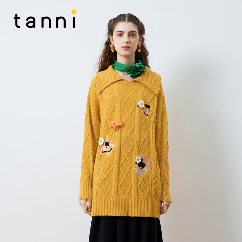 tanni宽松甜美翻领中长款针织衫