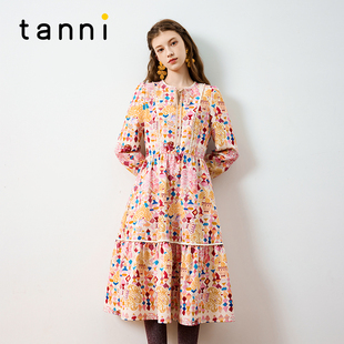 收腰连衣裙TM31DR058A 小V领长款 tanni新款 复古宫廷风时尚