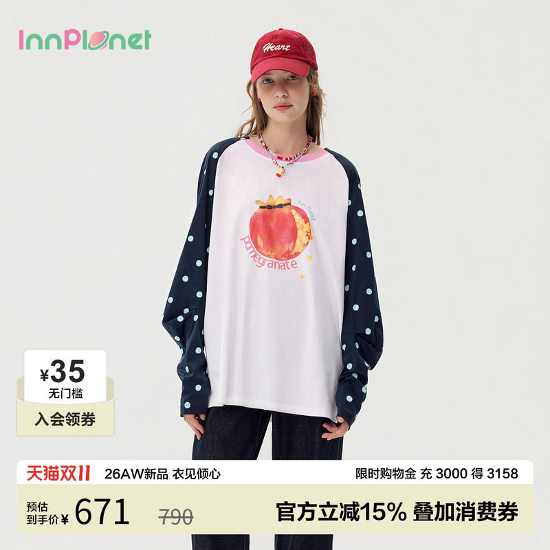 innplanet26秋季新款韩系氧气感少女波点上衣插肩宽松休闲长袖T恤