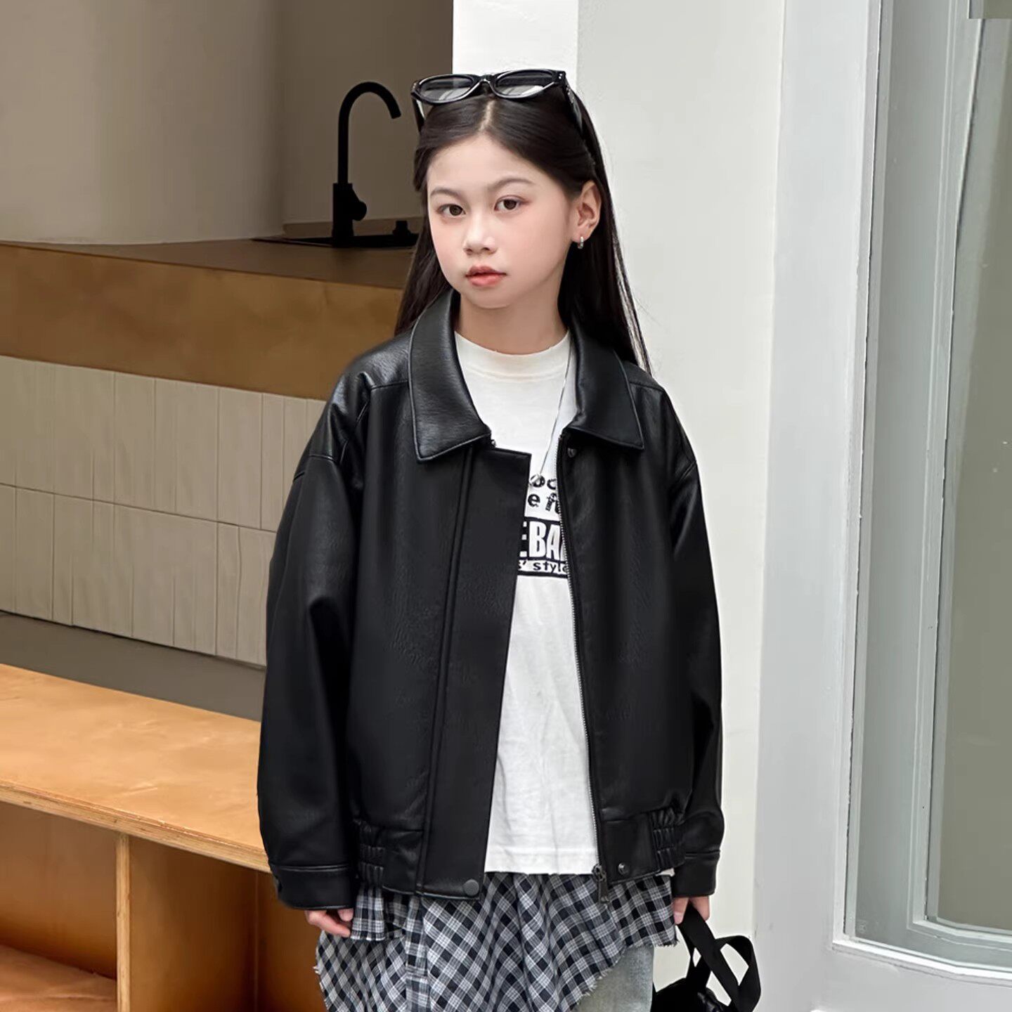 春秋新款女童皮衣PU皮夹克外套男童中大童儿童机车美式复古短款潮