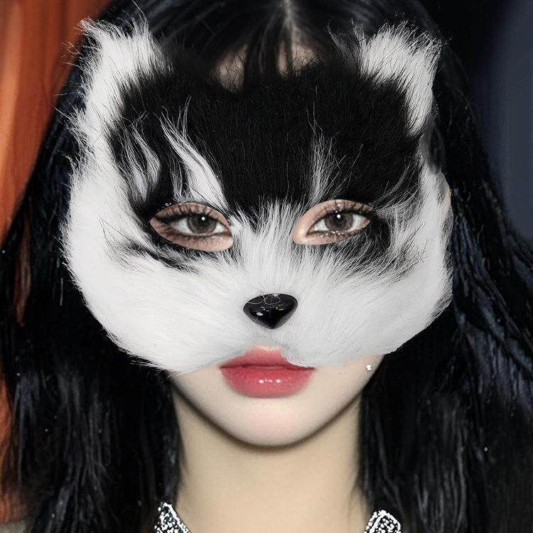 万圣节半脸面具仿真猫女毛绒舞会派对cos性感小猫咪 面具演出道具