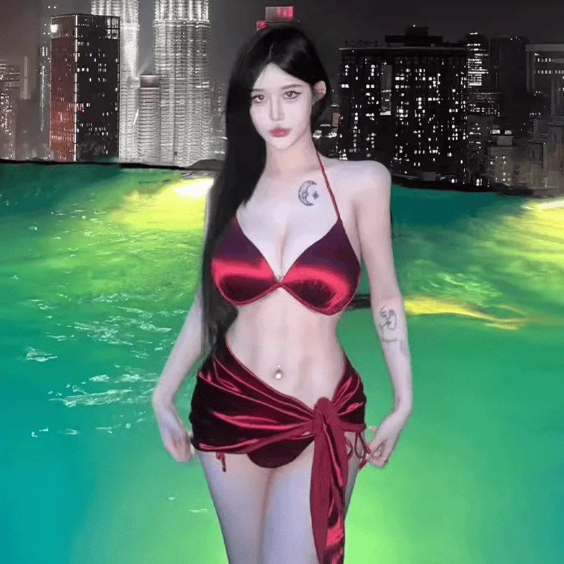酒红色缎面挂脖绑带性感辣妹比基尼泳衣女三件套小胸网红度假大胸