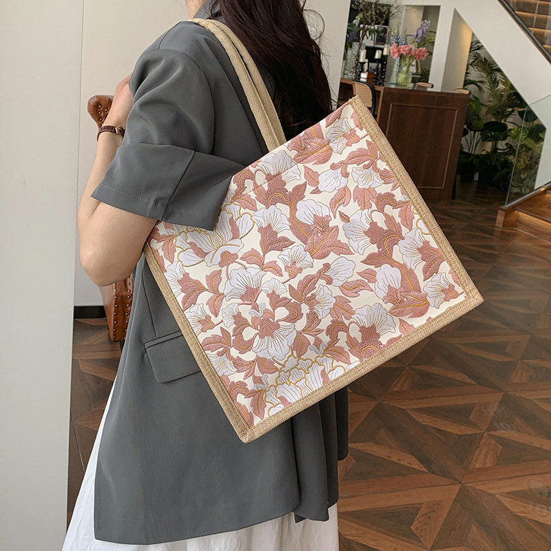 芙蓉花朵PU麻布托特包新款防水耐磨精致时尚女包单肩手提包
