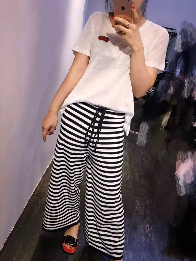 松紧系带纯棉休闲宽松蓝白条纹冰丝针织阔腿裤时尚百搭九分裤女夏