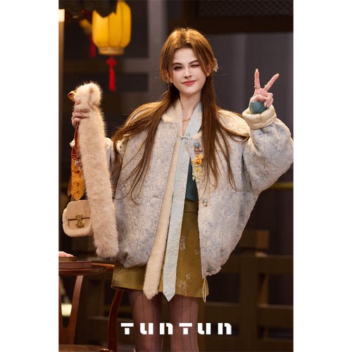 吞吞TUNT秋冬东方既白两面穿 撒银锻面拼接中式蓝提花羽绒服