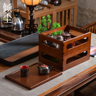 竹制多宝格 双层玲珑盒 茶具收纳盒 桌面茶棚茶架收纳架茶台