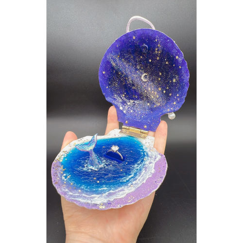 白色大扇贝系列-美人鱼星河 艺术钻戒盒 海边求婚戒指盒手工绘画
