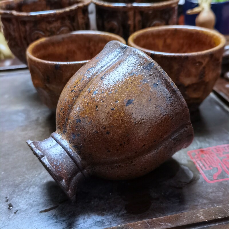 宜兴前墅龙窑柴烧155ml四叶草花瓣主人杯全手工紫砂土釉高端茶器