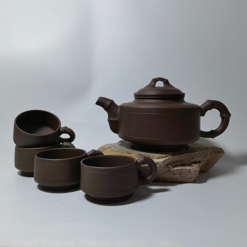 宜兴紫砂茶壶二厂老紫泥竹鼓套壶