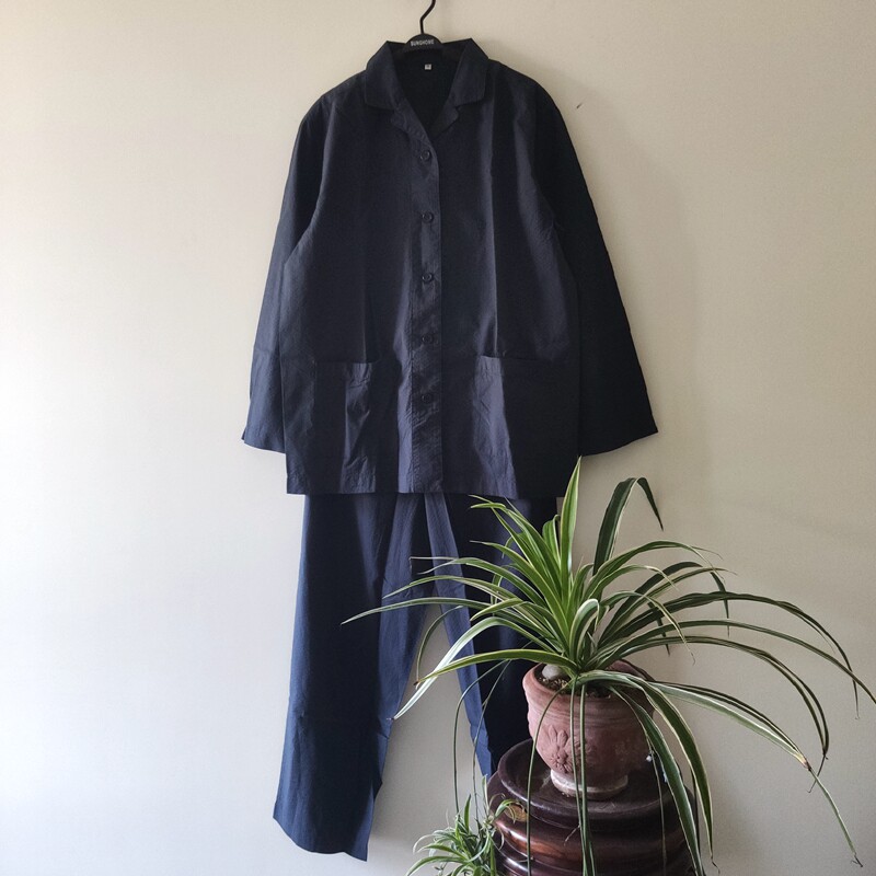 外贸日单古朴透气纯棉高支翻领女长袖裤家居服睡衣套缀点透气吸汗