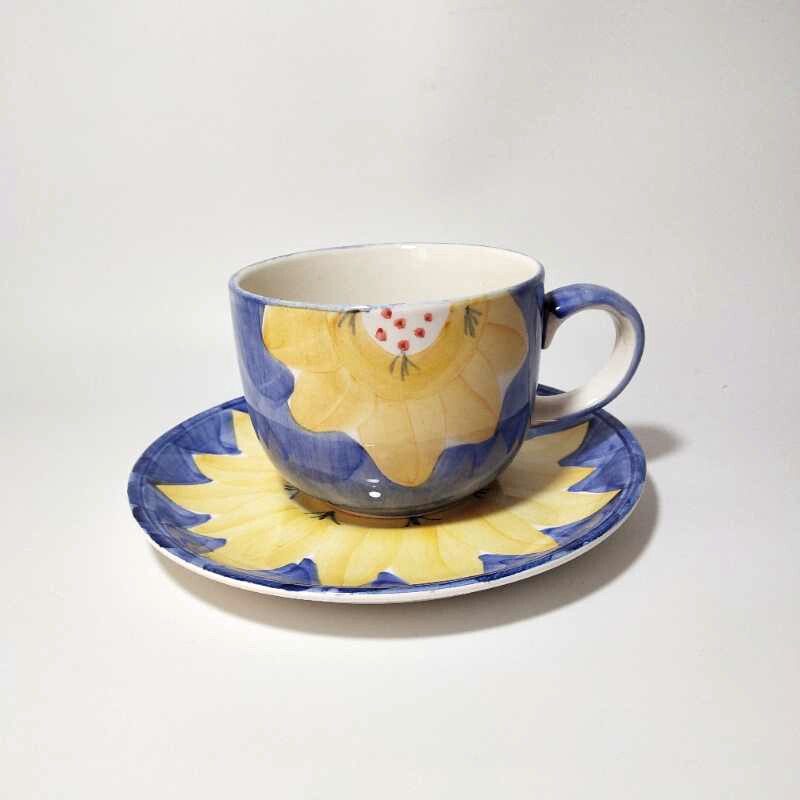 八十年代宜兴陶瓷燕麦牛奶杯马克茶杯碟大容量手绘葵花北欧中古风