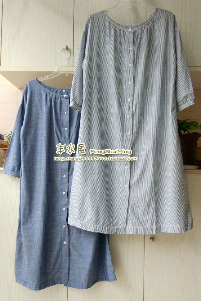 外贸出口日单砂洗纯棉古朴绵软牛仔色条纹宽松分袖连衣睡裙孕妇裙