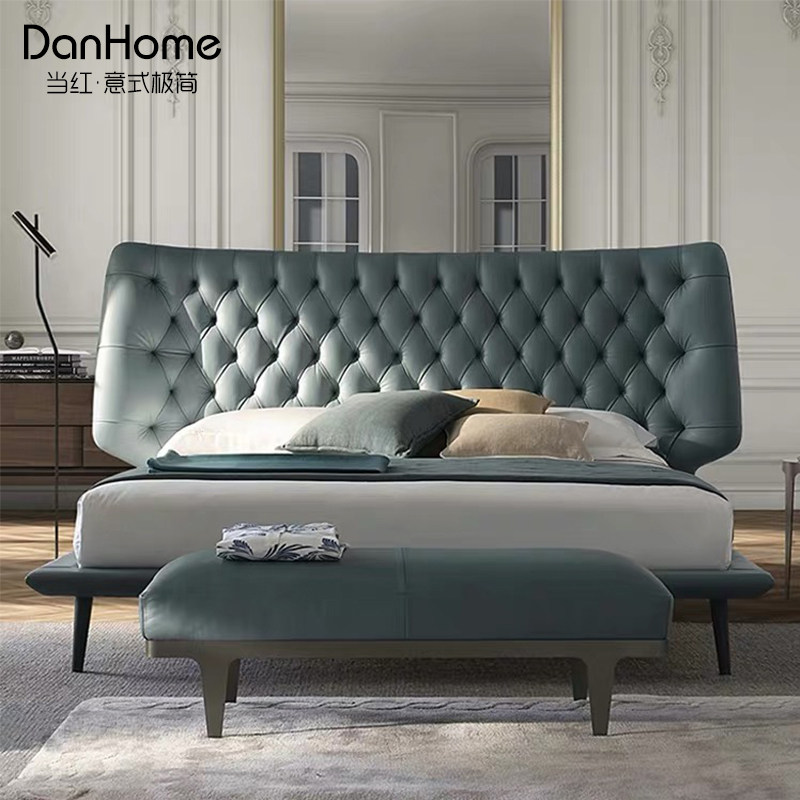 意式极简北欧真皮床现代简约主卧1.5米1.8米实木皮艺床双人床婚