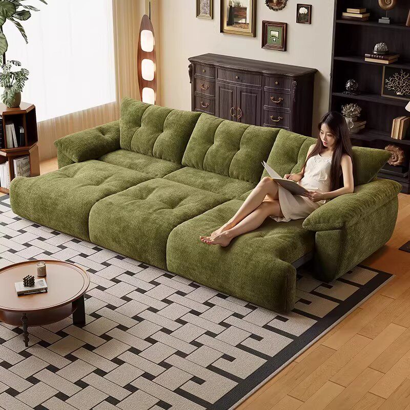 雪尼尔电动布艺沙发床零靠墙客厅直排绿色中古风伸缩功能花苞沙发