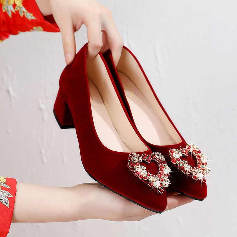 夏季婚鞋女红色秀禾鞋2022新款中式婚礼新娘鞋粗跟高跟鞋结婚尖头,女鞋,浅口单鞋,淘宝优惠券,粉丝福利购,淘宝优惠卷
