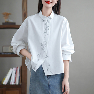 2026大码宽松时尚休闲衬衣刺绣不规则短袖日系小众百搭衬衫潮