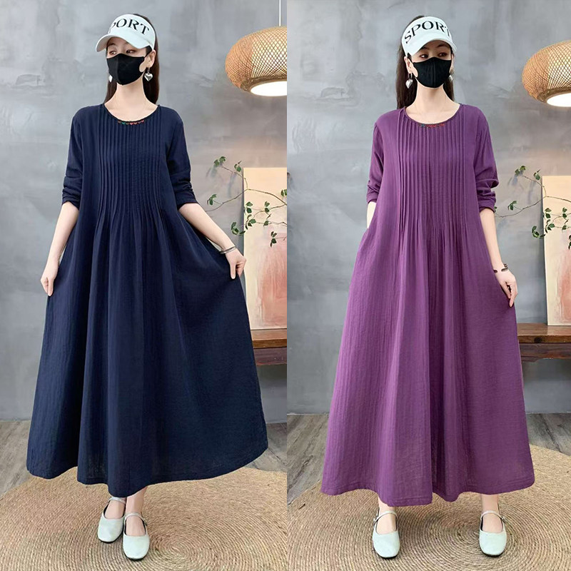 2026春夏棉麻新款大码新中式国风纯色连衣裙