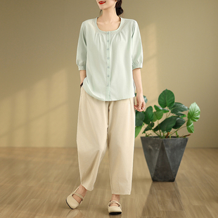 棉麻大码 套装 显瘦文艺复古衬衫 夏季 女 宽松棉麻裤 2026新款