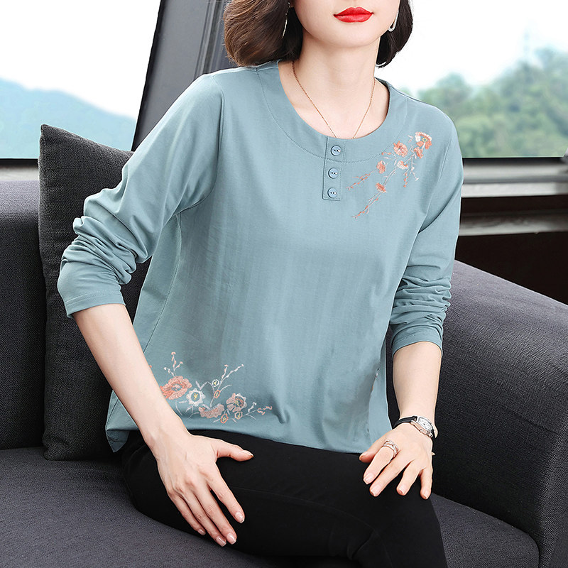 纯棉长袖T恤女妈妈春秋装2026新款秋衣外穿中老年刺绣上衣打底衫