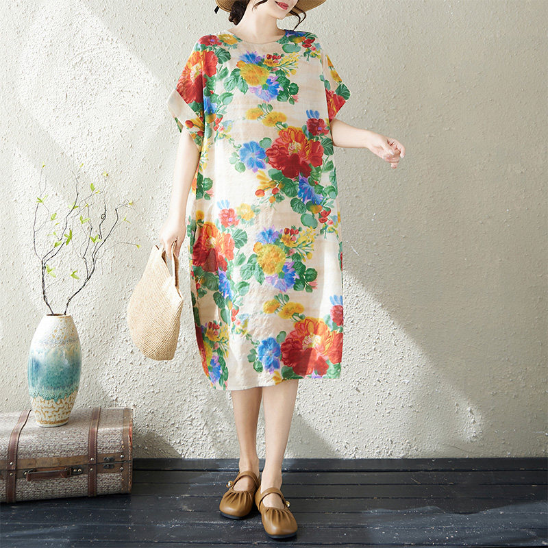夏季胖mm薄棉麻印花文艺女气质过膝中长款短袖连衣裙女