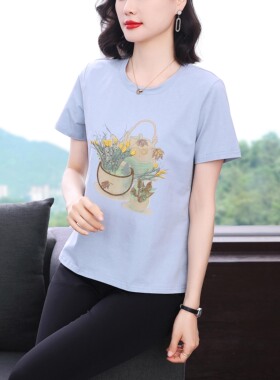 2026夏装新款图案绣花纯棉宽松蓝色上衣女中年妈妈装女士短袖T恤