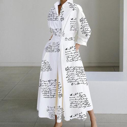 European and American dress, new commuting fashion POLO collar shirt skirt, long-sleeved elastic waist, big swing dress
