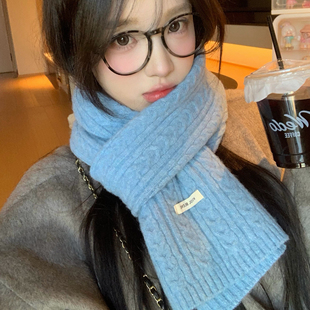 吴皮皮 蓝色含羊毛针织围巾女冬季保暖韩系高级感加厚围脖男士