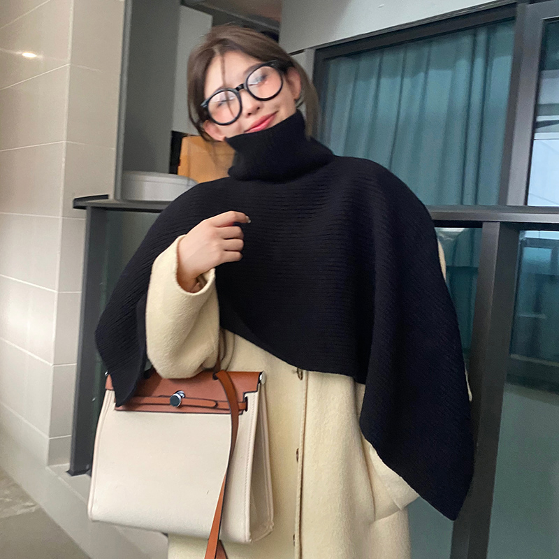 韩版斗篷披肩女秋冬季元宝针纯色高领套头上衣加厚外套不对称坎肩