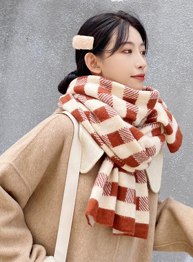 2025新款格子围巾女秋冬季韩版百搭学生可爱少女保暖加厚毛线围脖