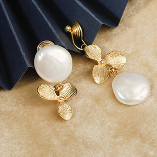 承悦 原创设计巴洛克珍珠花朵耳夹 不对称温柔珍珠耳环 纯银耳饰