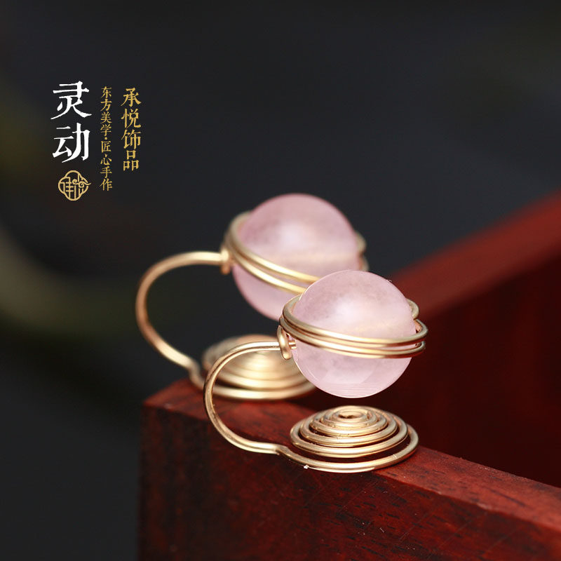 粉晶耳夹招桃花耳钉粉色无耳洞耳钉蚊香盘耳环14K金包金水晶耳钉