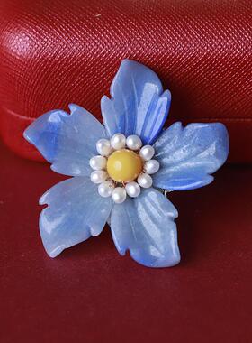 承悦 好高级的蓝紫色 设计师款花朵胸针珍珠胸花蓝晶石大花扣针