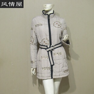 精品品牌女装米灰色棉衣冬季棉袄手工绣花珠片立领中长款