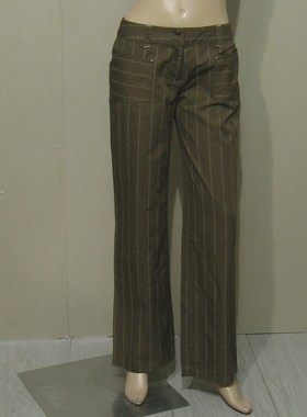 女装迪妮DBNI咖啡色条纹纯棉休闲中腰长裤夏季直筒宽松低价销售