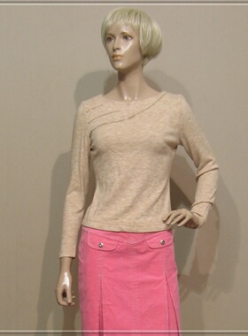 女装公司样衣杏色圆领长袖套头衫钉珠T恤修身显瘦春秋款