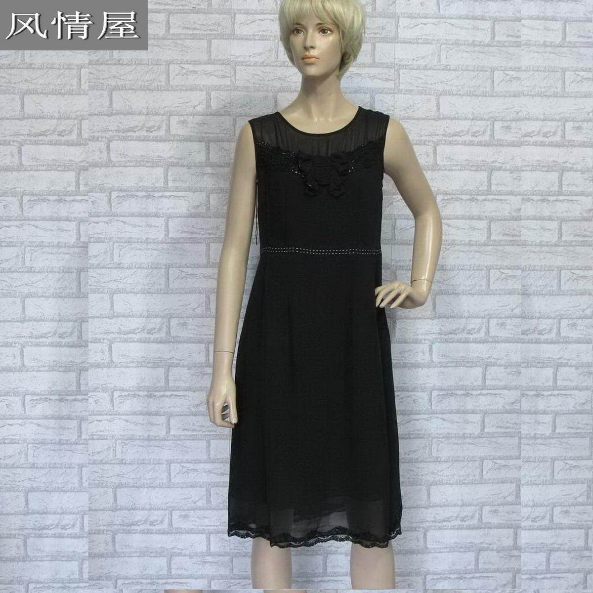 女装依兰ELANIE黑色真丝连衣裙桑蚕丝优雅无袖清凉夏季淑女时尚