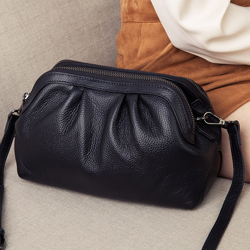 褶皱真皮单肩包女多隔层斜挎小包