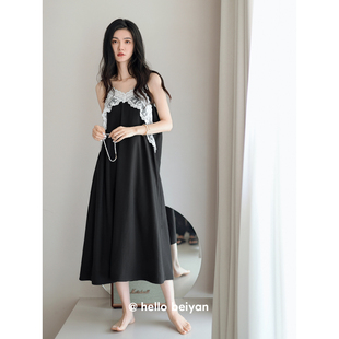 新款 贝妍睡裙女夏季 莫代尔棉带胸垫睡衣女士性感黑色吊带连衣裙