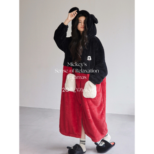 迪士尼珊瑚绒睡袍女款冬季睡衣加厚加绒保暖法兰绒米奇家居服大码