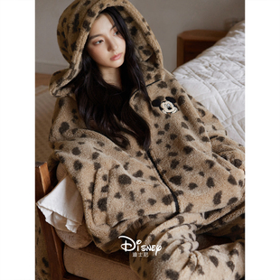 迪士尼珊瑚绒连帽睡衣女冬加厚保暖法兰绒家居服宽松时尚 豹纹套装