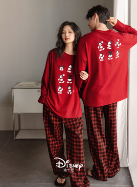 迪士尼红色睡衣结婚新婚情侣套装春秋季可爱米奇男女士棉质家居服