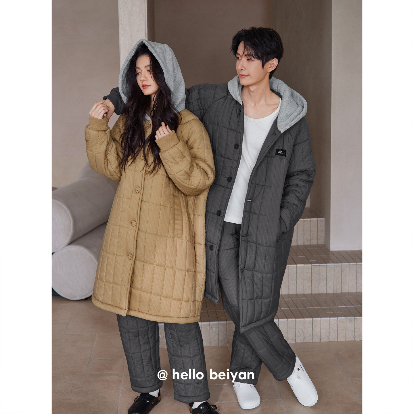 加绒夹棉睡衣情侣冬季加厚中长款棉袄套装连帽保暖宽松男女家居服